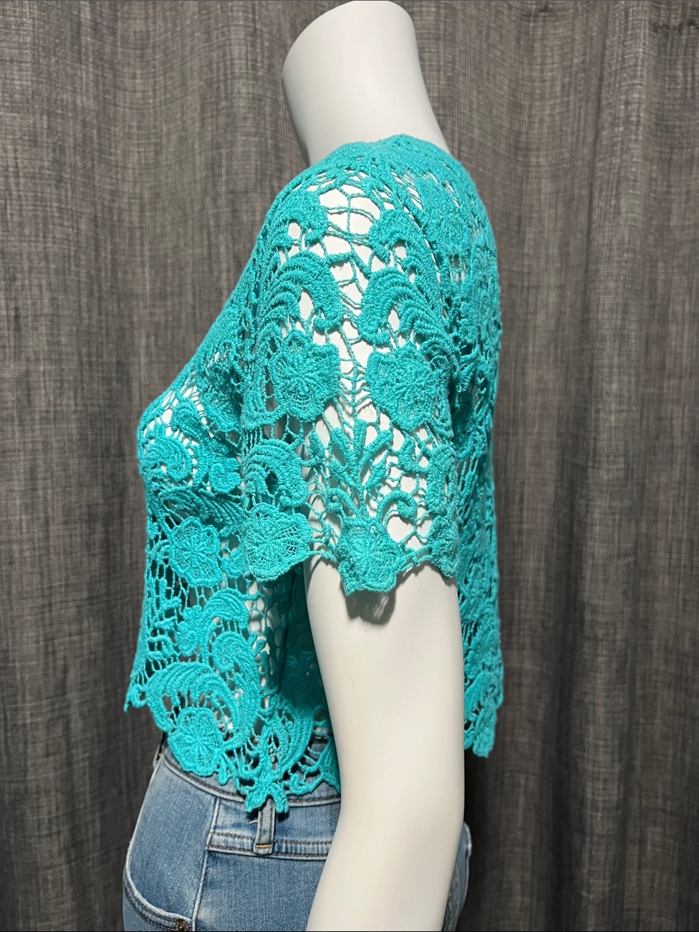 Say What? 100% Cotton Turquoise Aqua Crochet Lace Top  Small - Picture 3 of 6